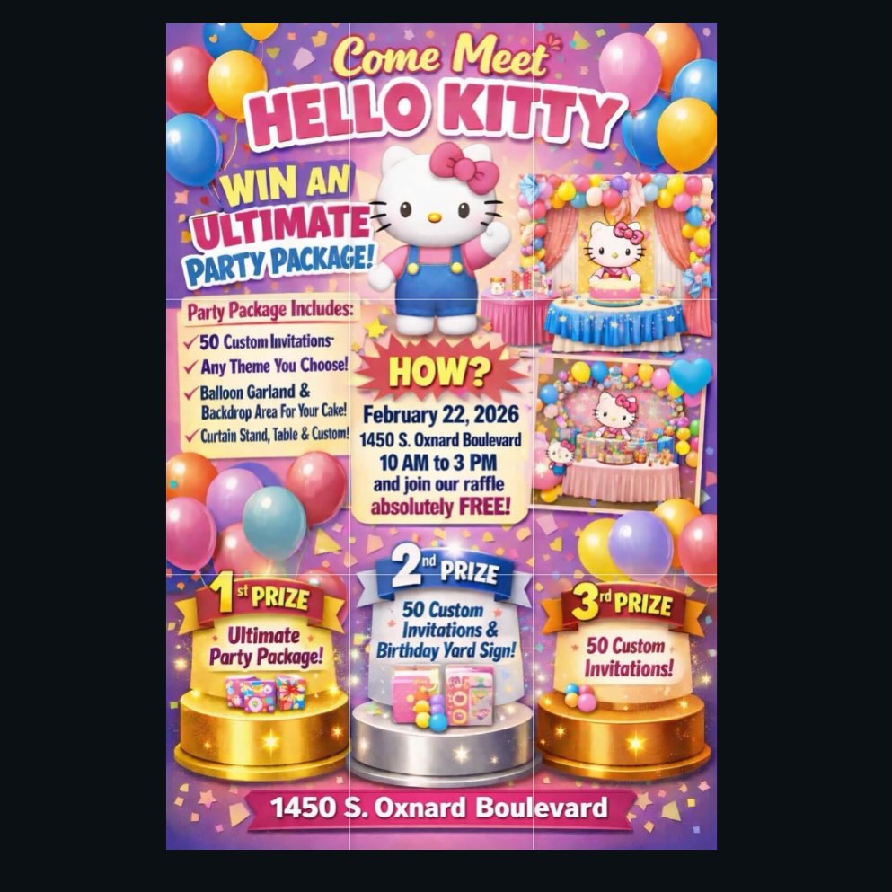 Promotional flyer for a Come Meet Hello Kitty event on February 22 2026 featuring a party package giveaway, with Hello Kitty illustrations and balloon graphics.